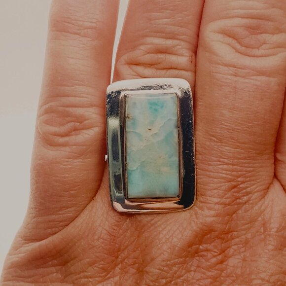 Natural Larimar Sterling Silver Rectangle Design Ring Size 9 Artisan - Picture 2 of 7
